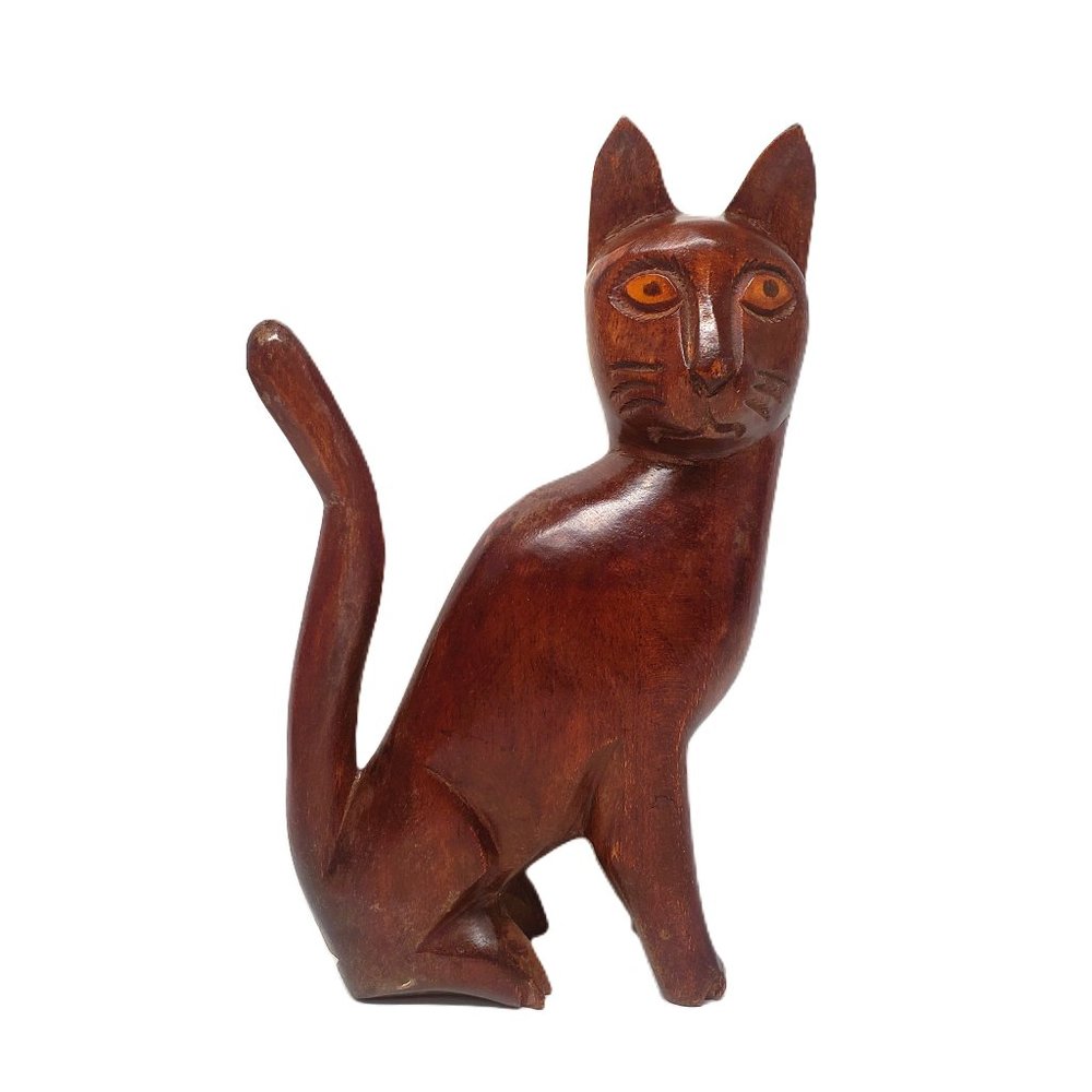 Vtg Wood Cat Statue Figurine Folk Art Carved Primitive 8.25" Tall